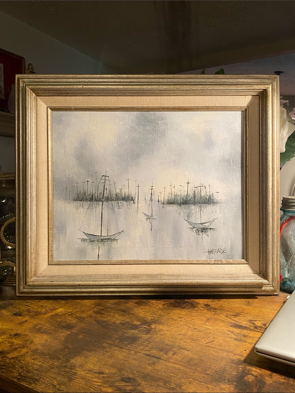H Meade Signed Serene Harbor Framed Wall Art - Soft Gray and Cream Painting
